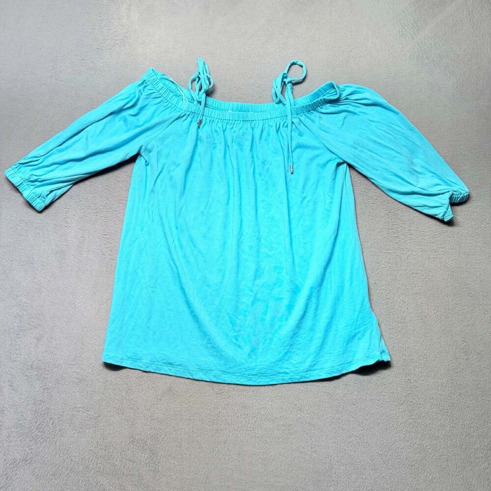 Michael Kors Womens Large Blouse Blue Off The Shoulder 3/4 Sleeve Top Casual